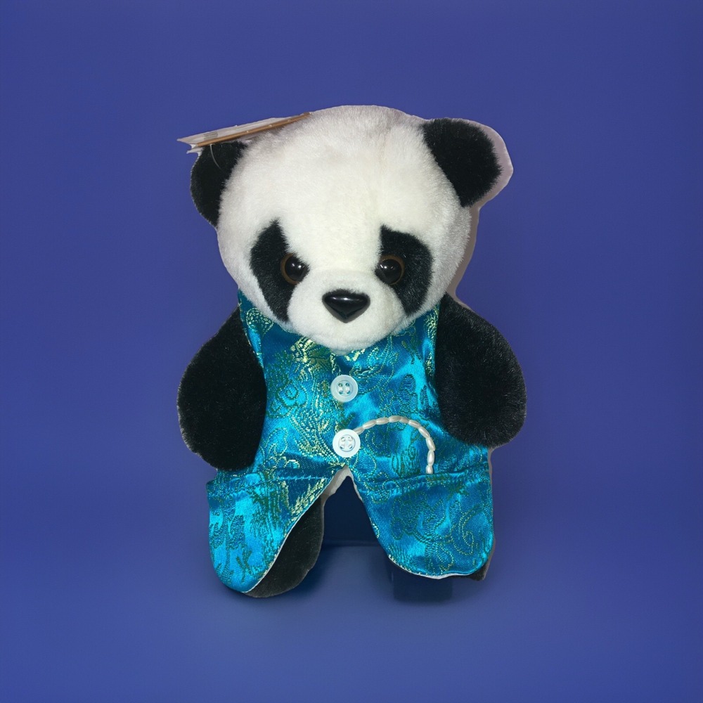 Panda Stuff Animal Plush Vintage Panda Wearing  Chinese Zhongshan NWT‎